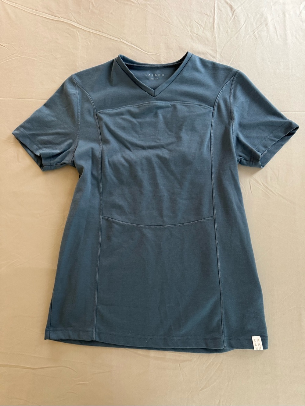 Lalabu Men's V-Neck Short Sleeve Shirt in Slate Blue Baby-wearing carrier